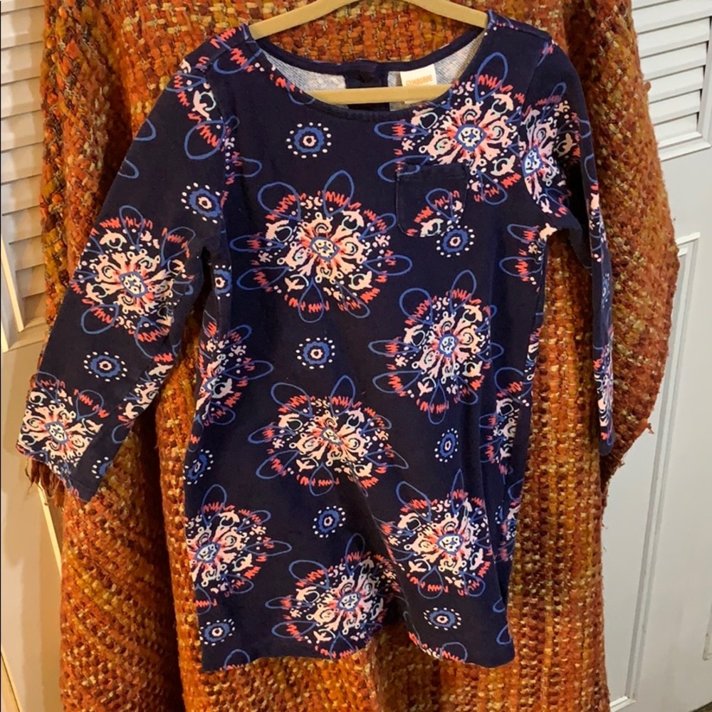 Gymboree, size 5-6 button back cotton blend dress in navy with floral pattern.
